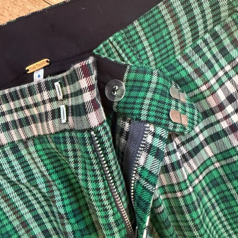 Free People All For Me Plaid Low Rise Green Cuffed Pants NWT Size 2